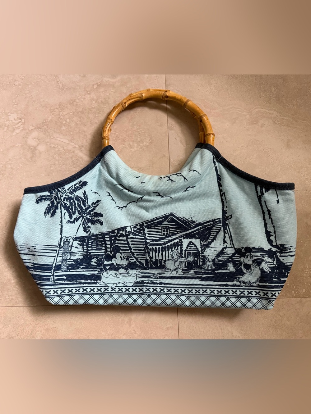 Disney Tiki Kingdom Mickey Minnie Donald Bamboo Handle Canvas tote handbag